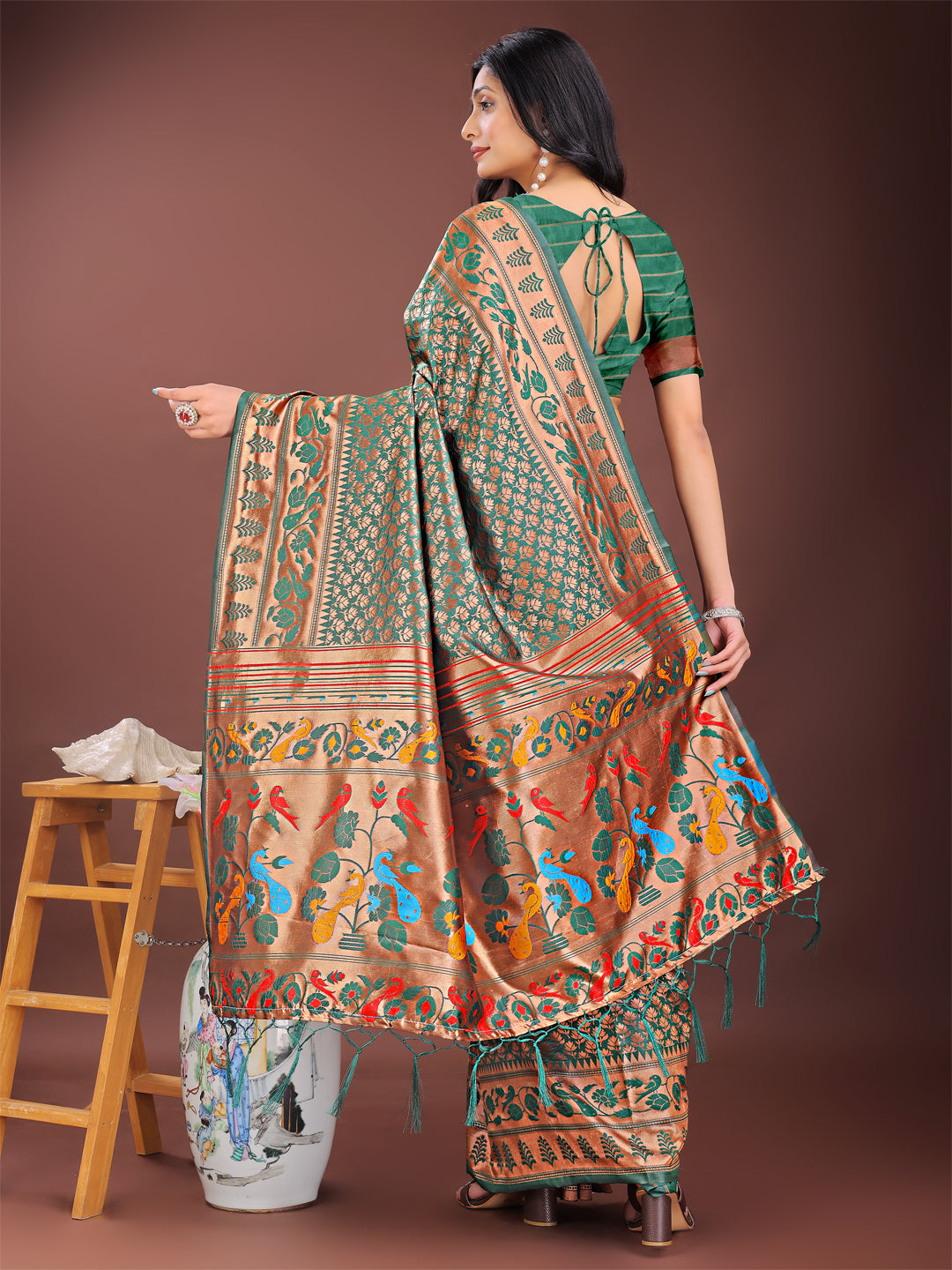 Shree Shyam Fashion Vibrant Copper & Green Banarasi Silk Saree with Colorful Pallu - Perfect Blend of Tradition and Festive Elegance | Grocsy