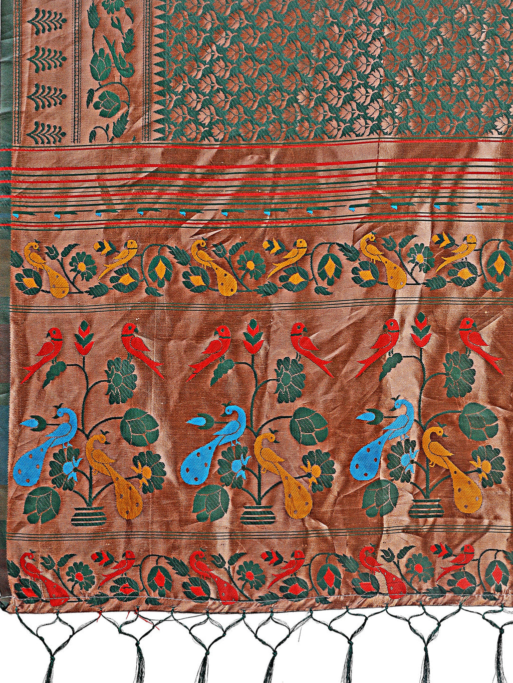 Shree Shyam Fashion Vibrant Copper & Green Banarasi Silk Saree with Colorful Pallu - Perfect Blend of Tradition and Festive Elegance | Grocsy