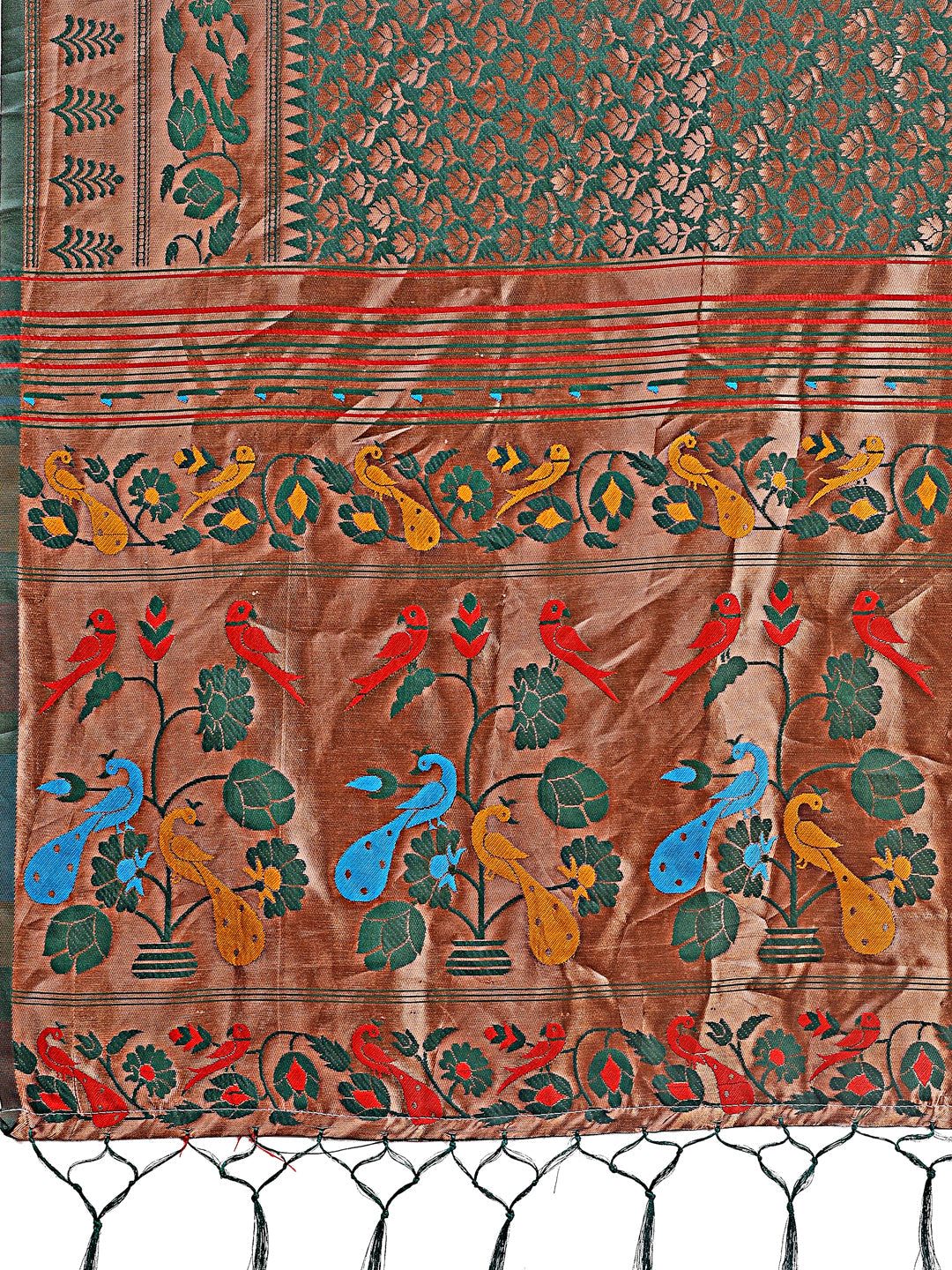 Shree Shyam Fashion Vibrant Copper & Green Banarasi Silk Saree with Colorful Pallu - Perfect Blend of Tradition and Festive Elegance | Grocsy