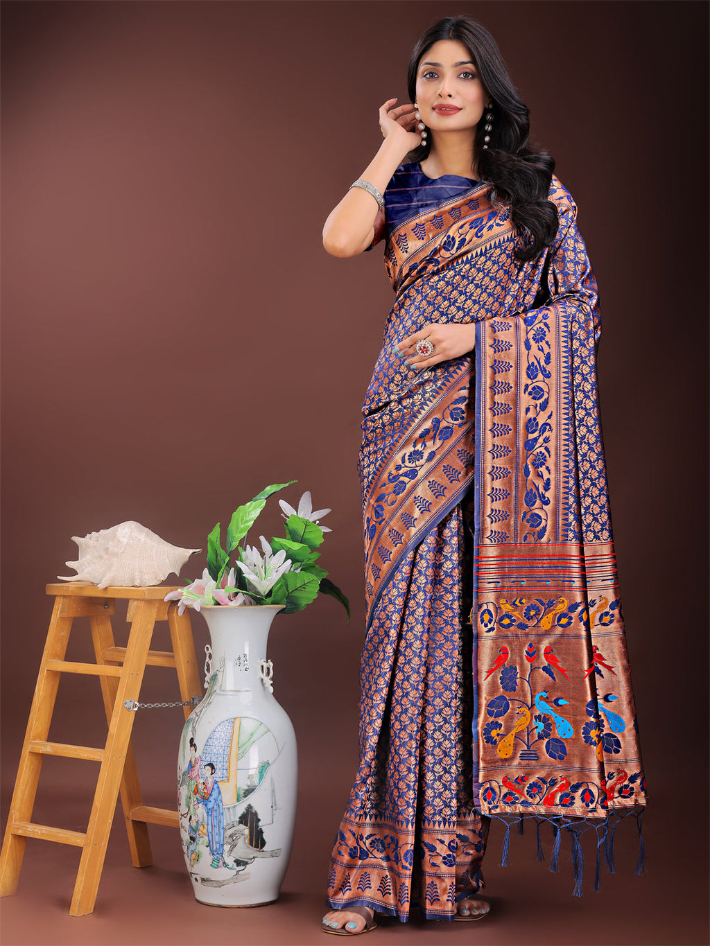 Shree Shyam Fashion Vibrant Copper & Navy Blue Banarasi Silk Saree with Colorful Pallu - Perfect Blend of Tradition and Festive Elegance | Grocsy