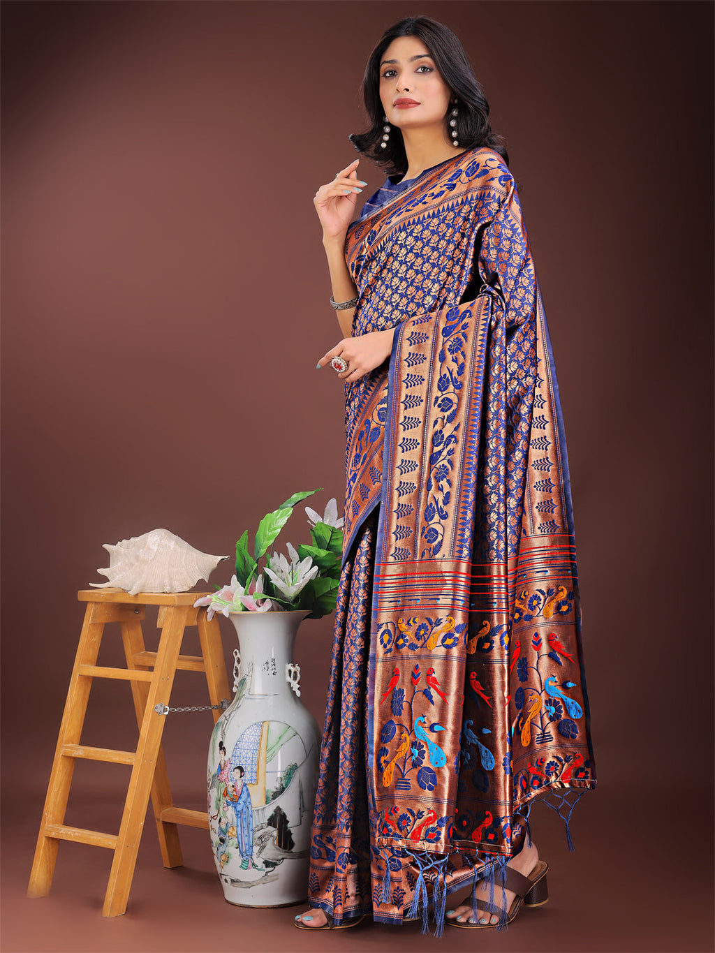 Shree Shyam Fashion Vibrant Copper & Navy Blue Banarasi Silk Saree with Colorful Pallu - Perfect Blend of Tradition and Festive Elegance | Grocsy