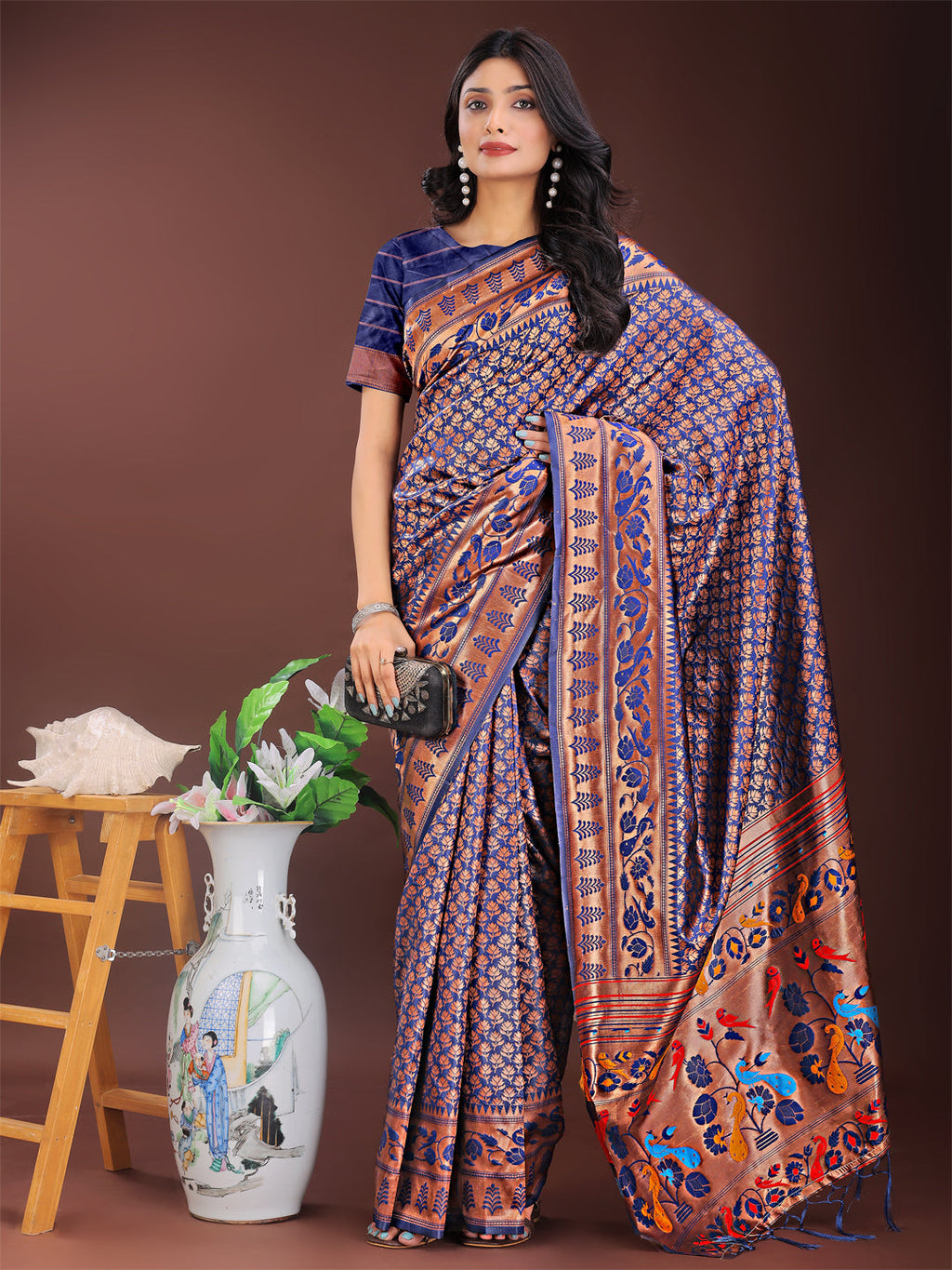 Shree Shyam Fashion Vibrant Copper & Navy Blue Banarasi Silk Saree with Colorful Pallu - Perfect Blend of Tradition and Festive Elegance | Grocsy