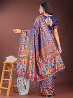 Shree Shyam Fashion Vibrant Copper & Navy Blue Banarasi Silk Saree with Colorful Pallu - Perfect Blend of Tradition and Festive Elegance | Grocsy