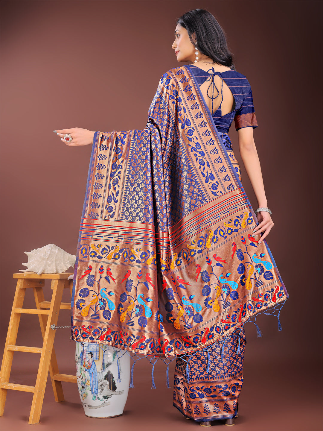 Shree Shyam Fashion Vibrant Copper & Navy Blue Banarasi Silk Saree with Colorful Pallu - Perfect Blend of Tradition and Festive Elegance | Grocsy