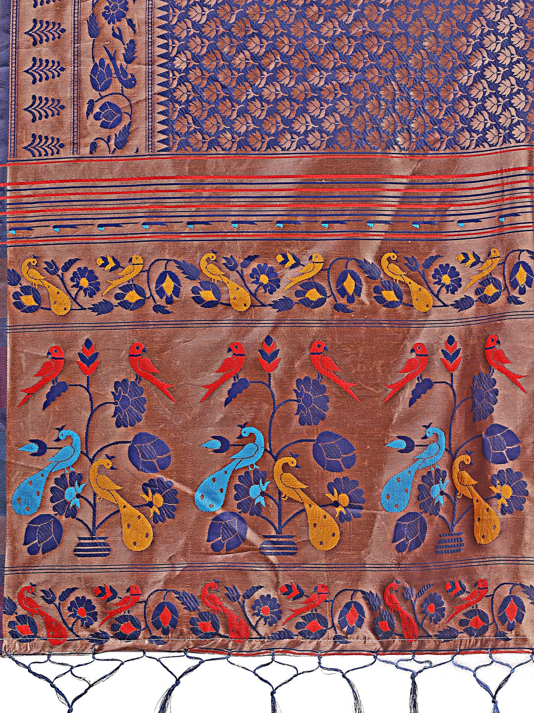 Shree Shyam Fashion Vibrant Copper & Navy Blue Banarasi Silk Saree with Colorful Pallu - Perfect Blend of Tradition and Festive Elegance | Grocsy