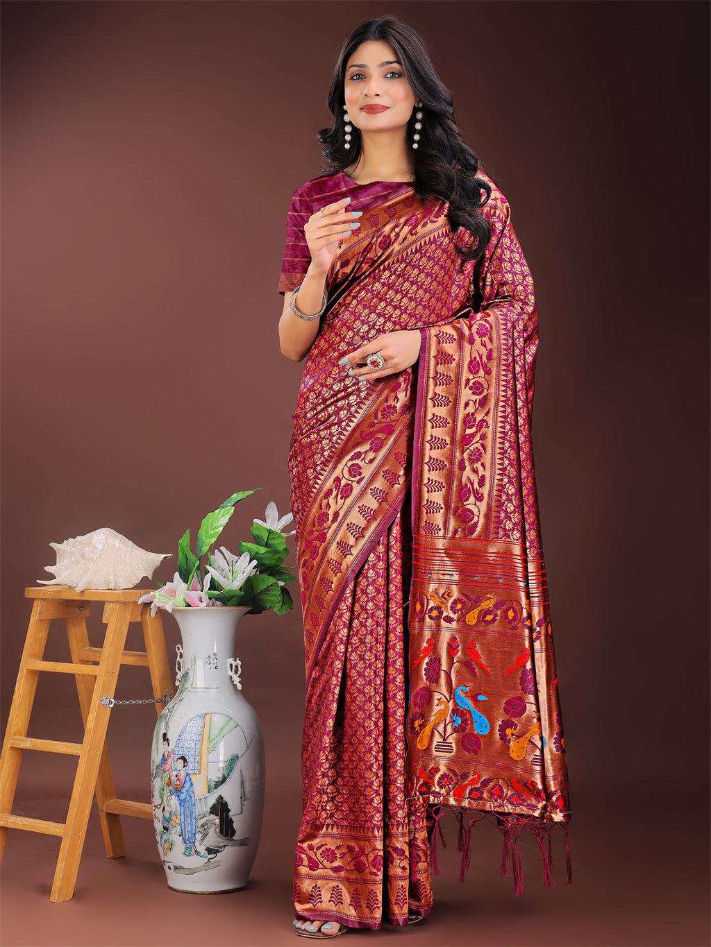 Shree Shyam Fashion Vibrant Copper & Magenta Banarasi Silk Saree with Colorful Pallu - Perfect Blend of Tradition and Festive Elegance | Grocsy