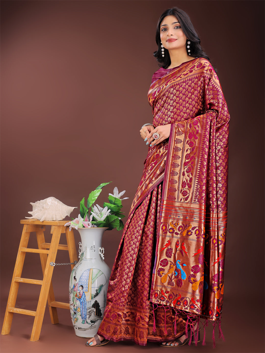 Shree Shyam Fashion Vibrant Copper & Magenta Banarasi Silk Saree with Colorful Pallu - Perfect Blend of Tradition and Festive Elegance | Grocsy