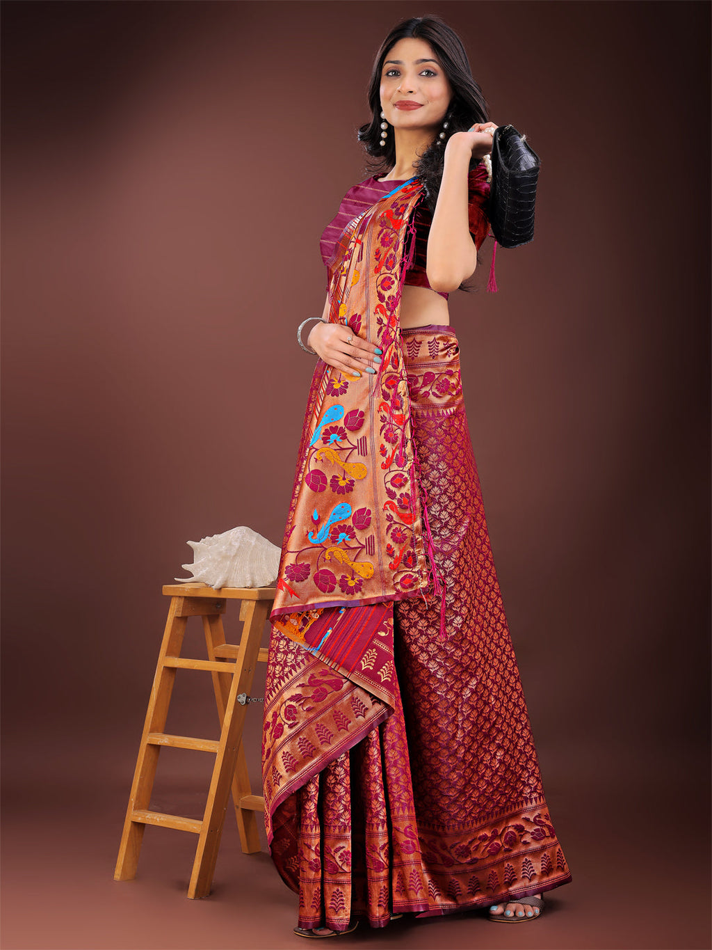Shree Shyam Fashion Vibrant Copper & Magenta Banarasi Silk Saree with Colorful Pallu - Perfect Blend of Tradition and Festive Elegance | Grocsy