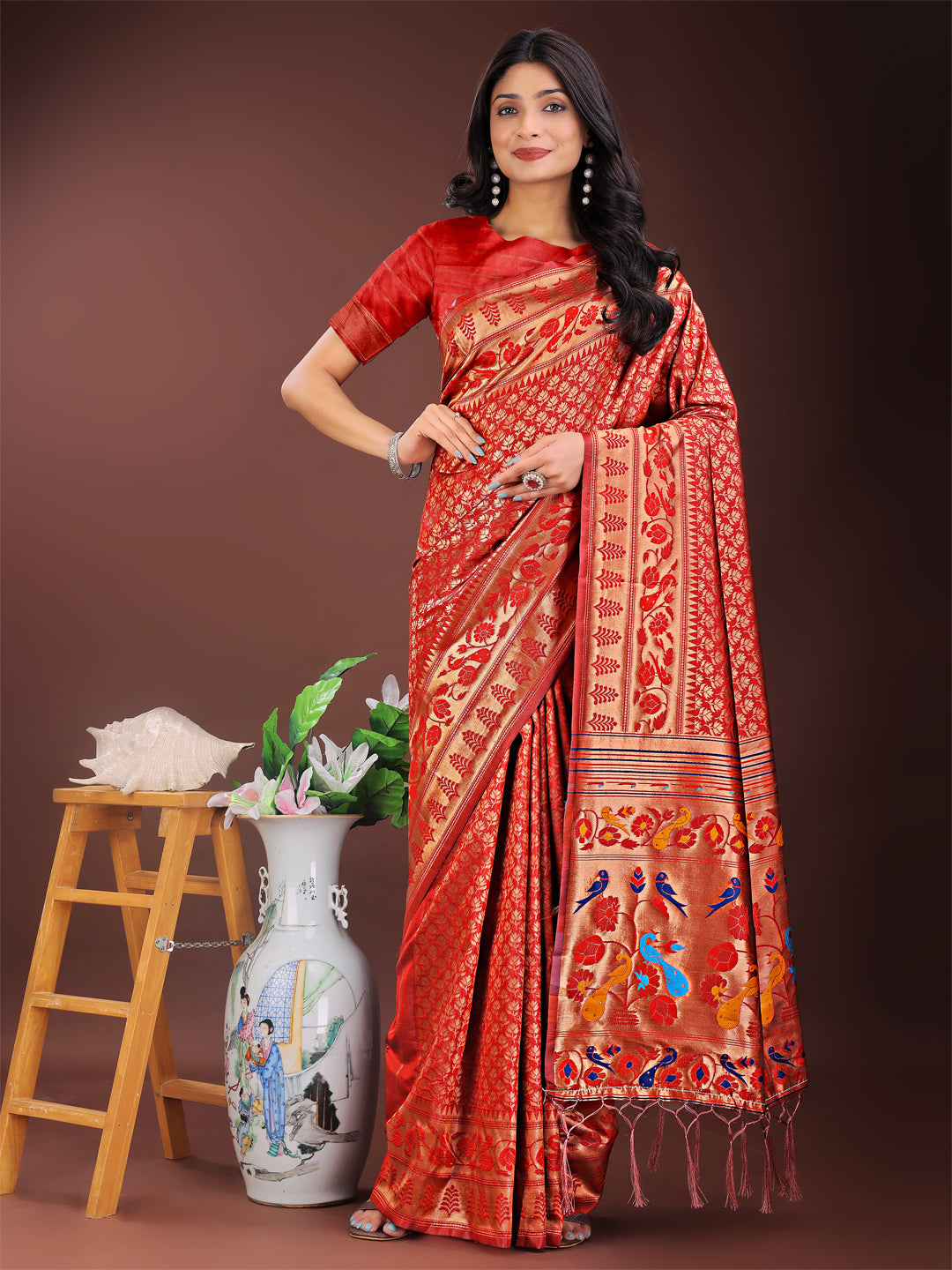 Shree Shyam Fashion Vibrant Copper & Red Banarasi Silk Saree with Colorful Pallu - Perfect Blend of Tradition and Festive Elegance | Grocsy