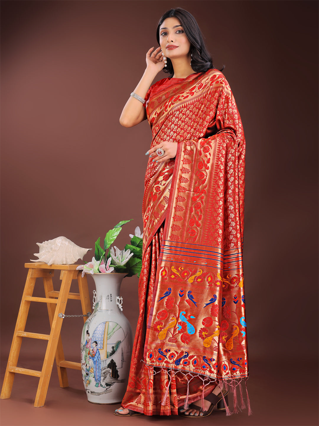 Shree Shyam Fashion Vibrant Copper & Red Banarasi Silk Saree with Colorful Pallu - Perfect Blend of Tradition and Festive Elegance | Grocsy