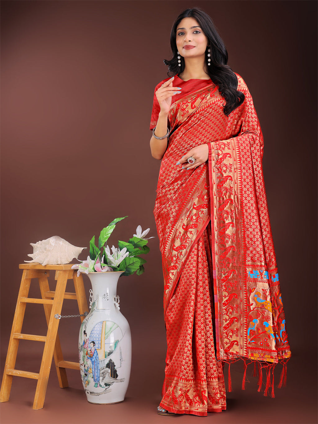 Shree Shyam Fashion Fiery Red Banarasi Silk Saree with Gold Zari and Colorful Pallu - Perfect for Bridal,Wedding & Festive Glamour | Grocsy