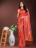 Shree Shyam Fashion Fiery Red Banarasi Silk Saree with Gold Zari and Colorful Pallu - Perfect for Bridal,Wedding & Festive Glamour | Grocsy