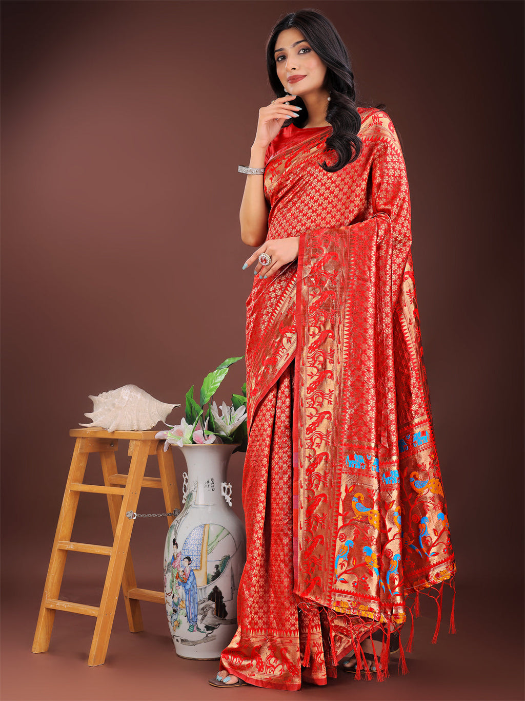 Shree Shyam Fashion Fiery Red Banarasi Silk Saree with Gold Zari and Colorful Pallu - Perfect for Bridal,Wedding & Festive Glamour | Grocsy