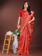 Shree Shyam Fashion Fiery Red Banarasi Silk Saree with Gold Zari and Colorful Pallu - Perfect for Bridal,Wedding & Festive Glamour | Grocsy