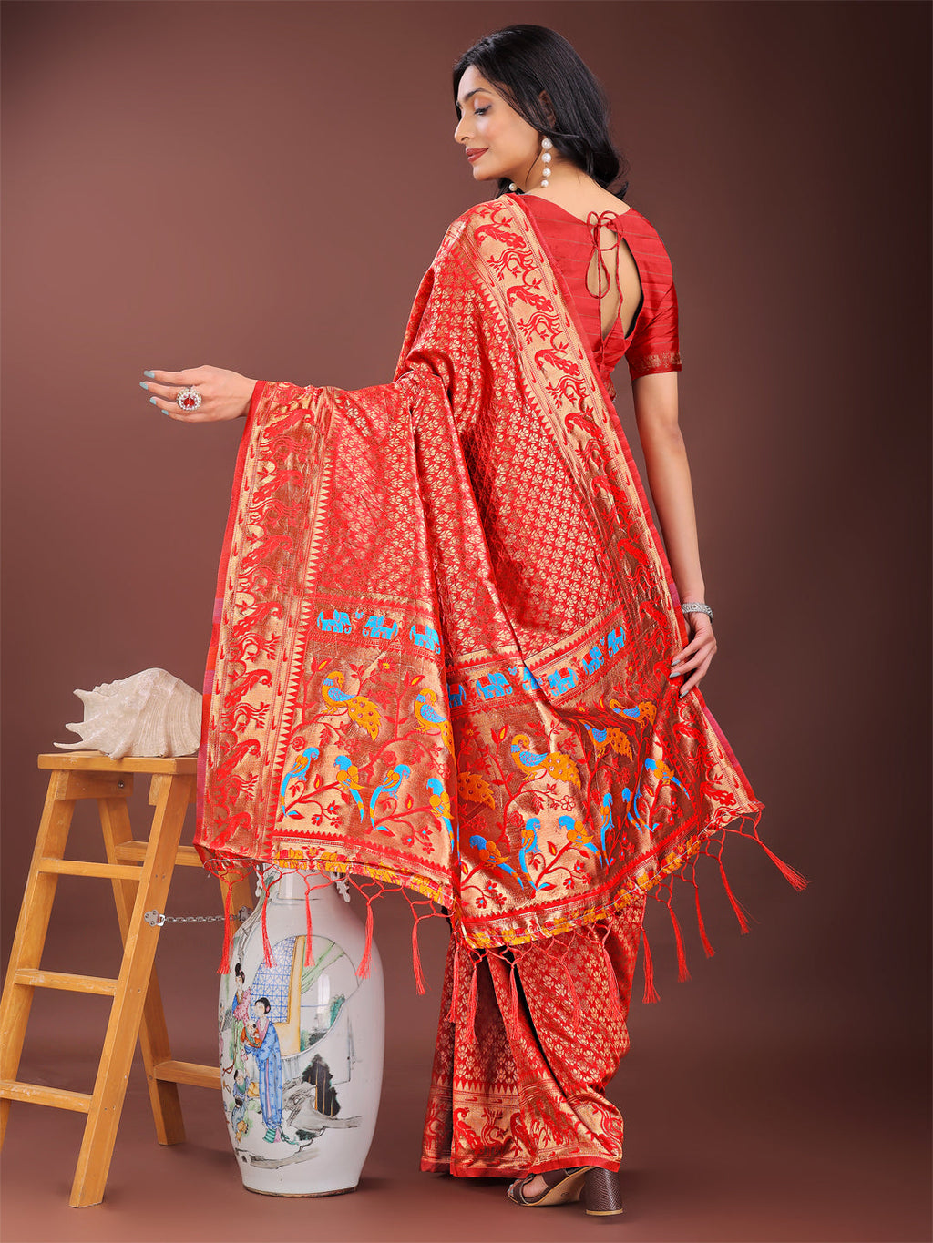 Shree Shyam Fashion Fiery Red Banarasi Silk Saree with Gold Zari and Colorful Pallu - Perfect for Bridal,Wedding & Festive Glamour | Grocsy