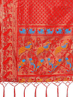 Shree Shyam Fashion Fiery Red Banarasi Silk Saree with Gold Zari and Colorful Pallu - Perfect for Bridal,Wedding & Festive Glamour | Grocsy