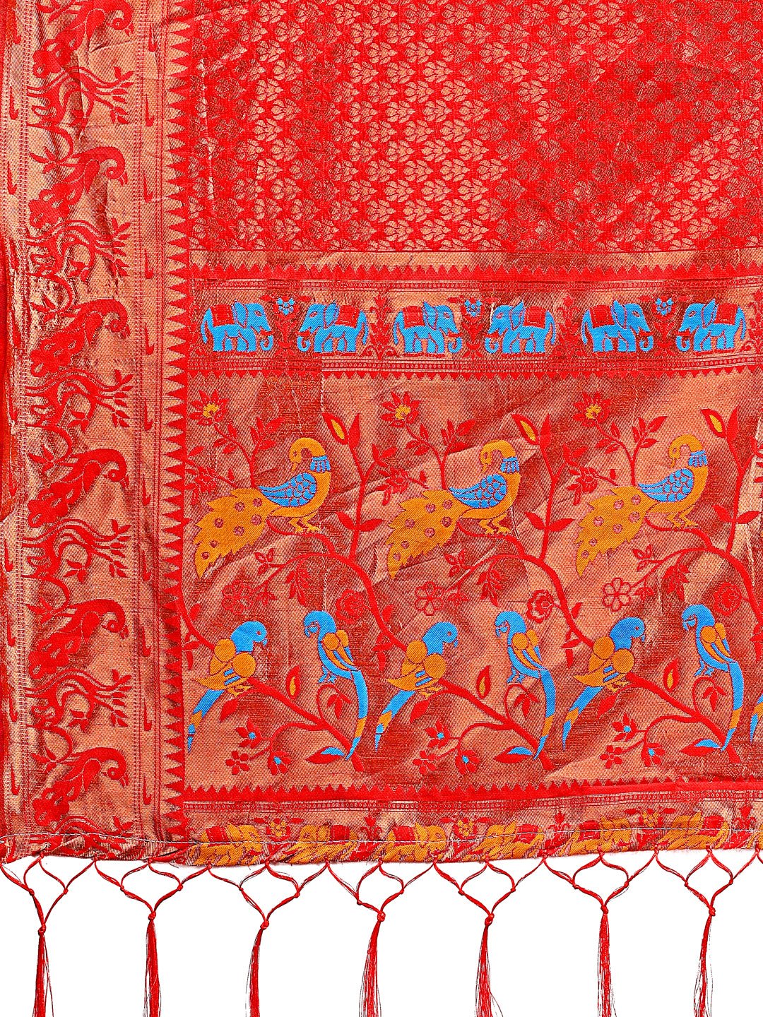 Shree Shyam Fashion Fiery Red Banarasi Silk Saree with Gold Zari and Colorful Pallu - Perfect for Bridal,Wedding & Festive Glamour | Grocsy