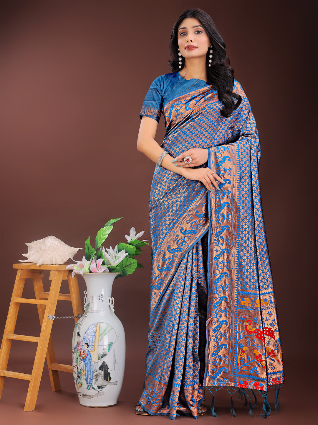 Shree Shyam Fashion Fiery Blue Banarasi Silk Saree with Gold Zari and Colorful Pallu - Perfect for Bridal,Wedding & Festive Glamour | Grocsy