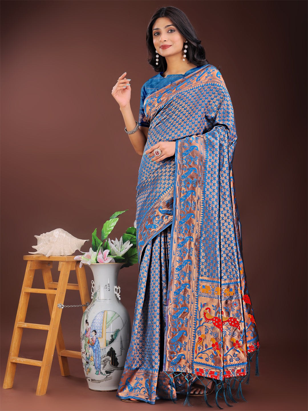 Shree Shyam Fashion Fiery Blue Banarasi Silk Saree with Gold Zari and Colorful Pallu - Perfect for Bridal,Wedding & Festive Glamour | Grocsy