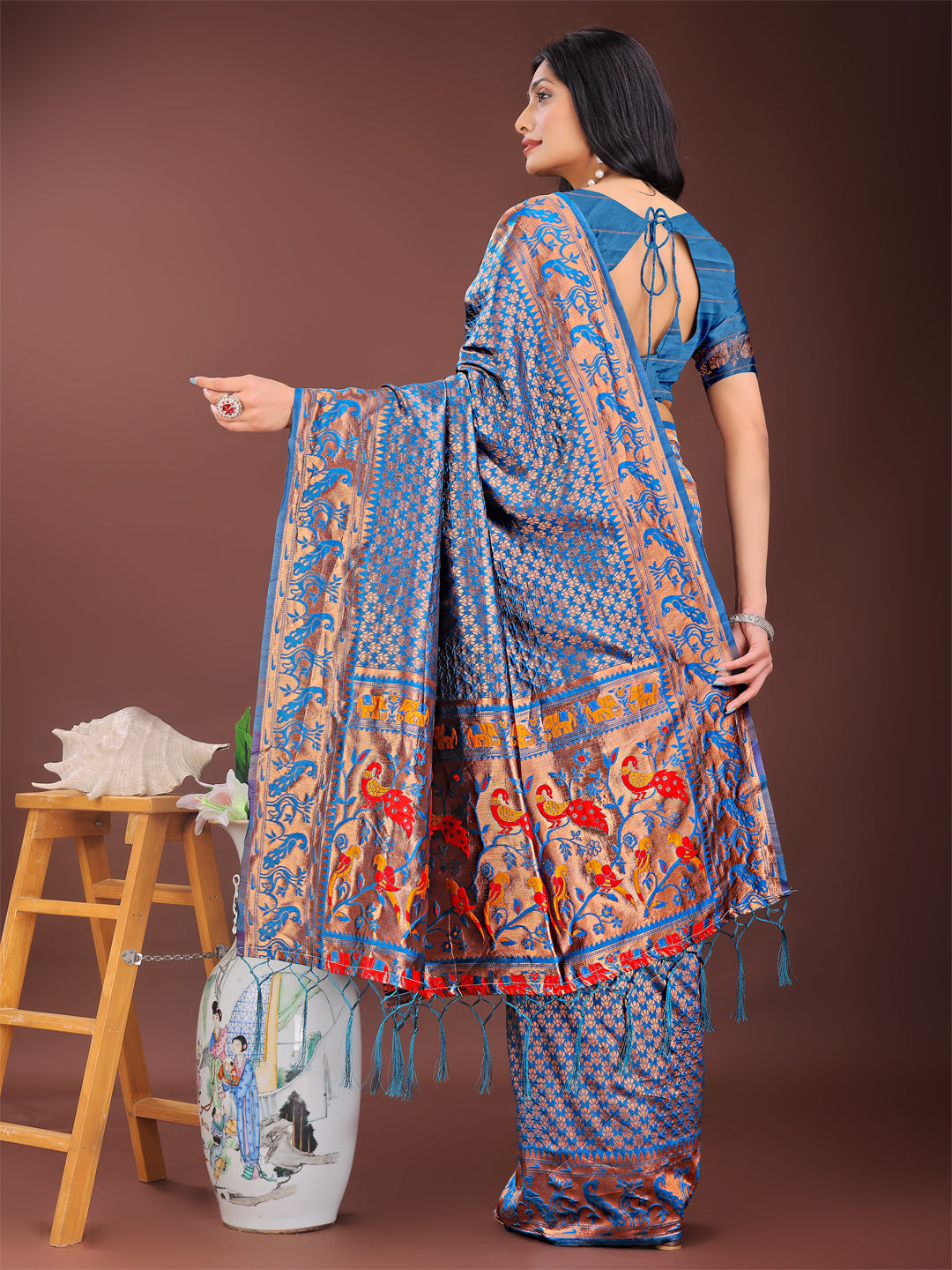 Shree Shyam Fashion Fiery Blue Banarasi Silk Saree with Gold Zari and Colorful Pallu - Perfect for Bridal,Wedding & Festive Glamour | Grocsy