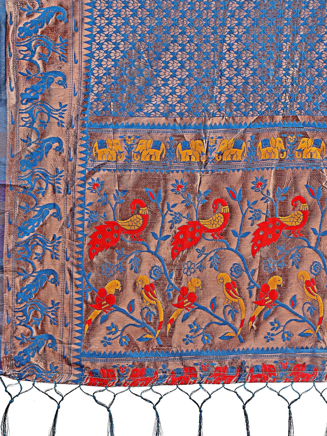 Shree Shyam Fashion Fiery Blue Banarasi Silk Saree with Gold Zari and Colorful Pallu - Perfect for Bridal,Wedding & Festive Glamour | Grocsy