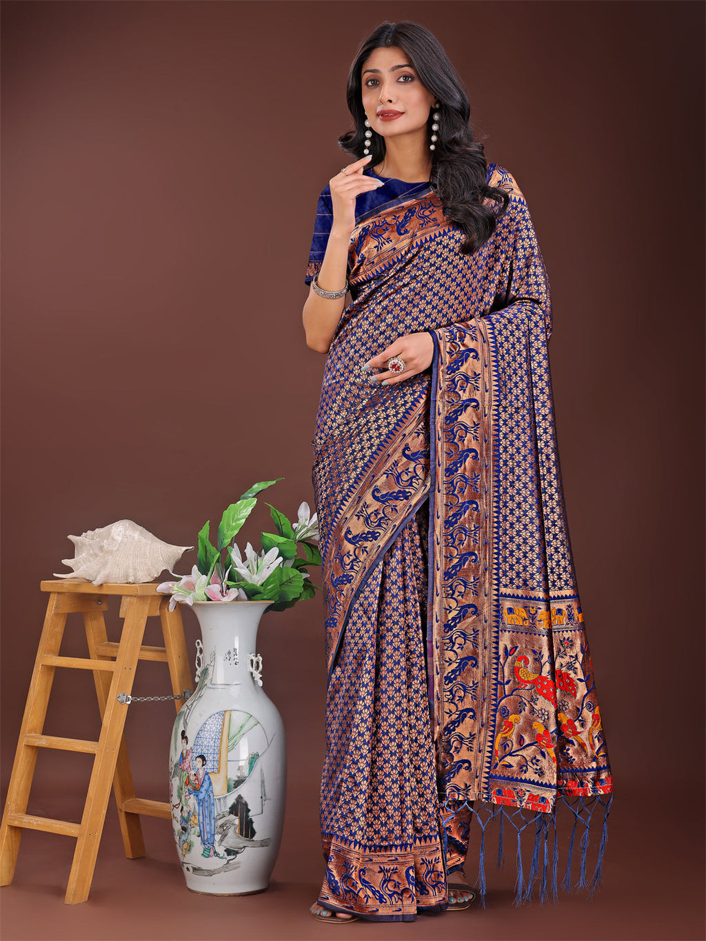 Shree Shyam Fashion Fiery Navy Blue Banarasi Silk Saree with Gold Zari and Colorful Pallu - Perfect for Bridal,Wedding & Festive Glamour | Grocsy