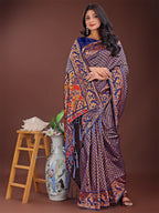 Shree Shyam Fashion Fiery Navy Blue Banarasi Silk Saree with Gold Zari and Colorful Pallu - Perfect for Bridal,Wedding & Festive Glamour | Grocsy