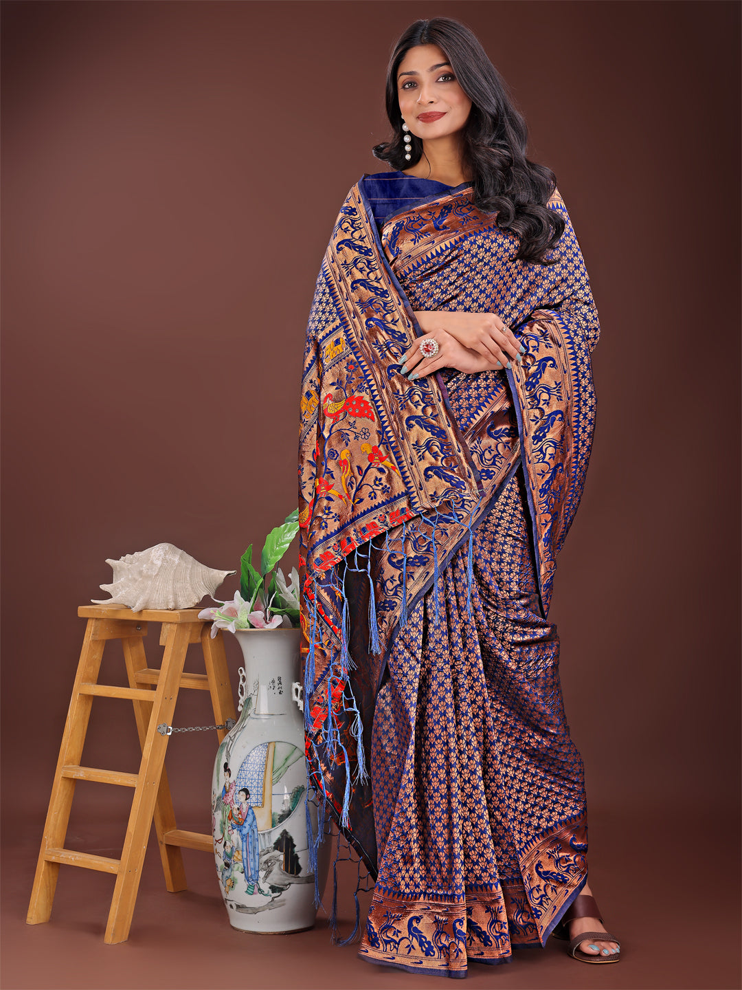 Shree Shyam Fashion Fiery Navy Blue Banarasi Silk Saree with Gold Zari and Colorful Pallu - Perfect for Bridal,Wedding & Festive Glamour | Grocsy