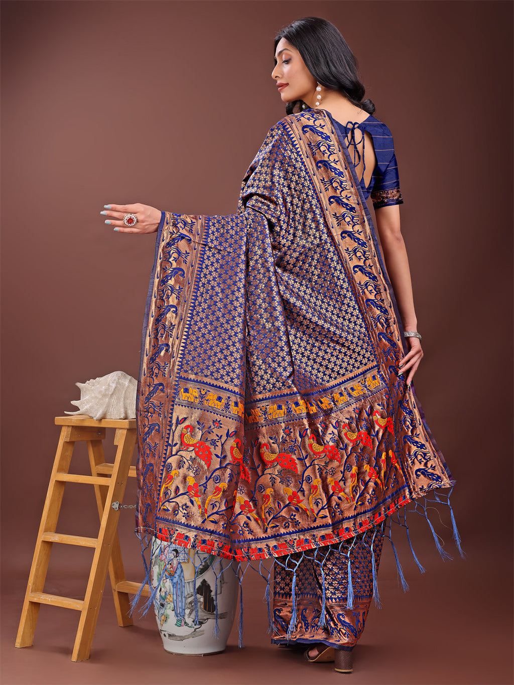 Shree Shyam Fashion Fiery Navy Blue Banarasi Silk Saree with Gold Zari and Colorful Pallu - Perfect for Bridal,Wedding & Festive Glamour | Grocsy