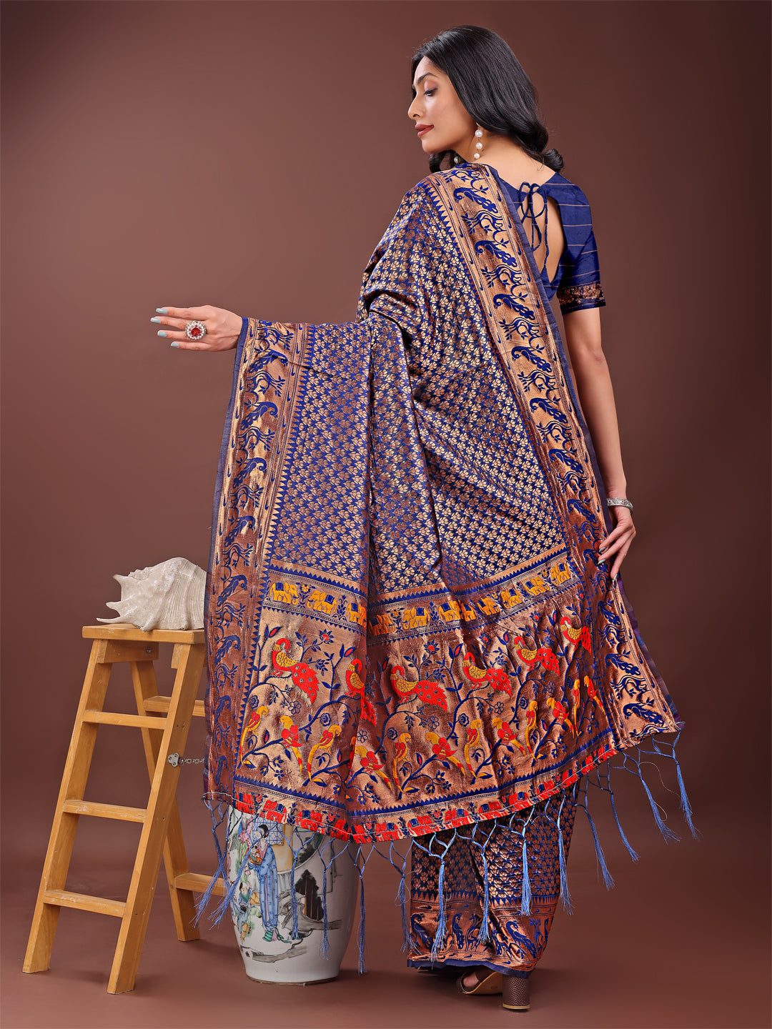 Shree Shyam Fashion Fiery Navy Blue Banarasi Silk Saree with Gold Zari and Colorful Pallu - Perfect for Bridal,Wedding & Festive Glamour | Grocsy