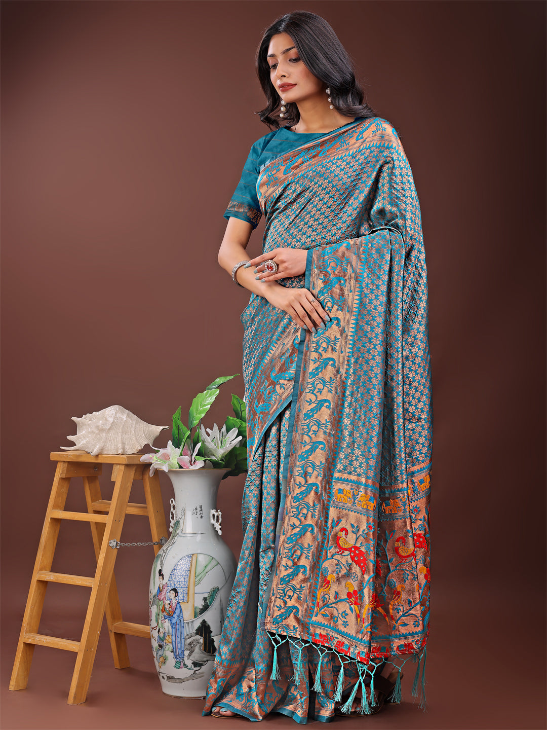 Shree Shyam Fashion Fiery Sea Green Banarasi Silk Saree with Gold Zari and Colorful Pallu - Perfect for Bridal,Wedding & Festive Glamour | Grocsy