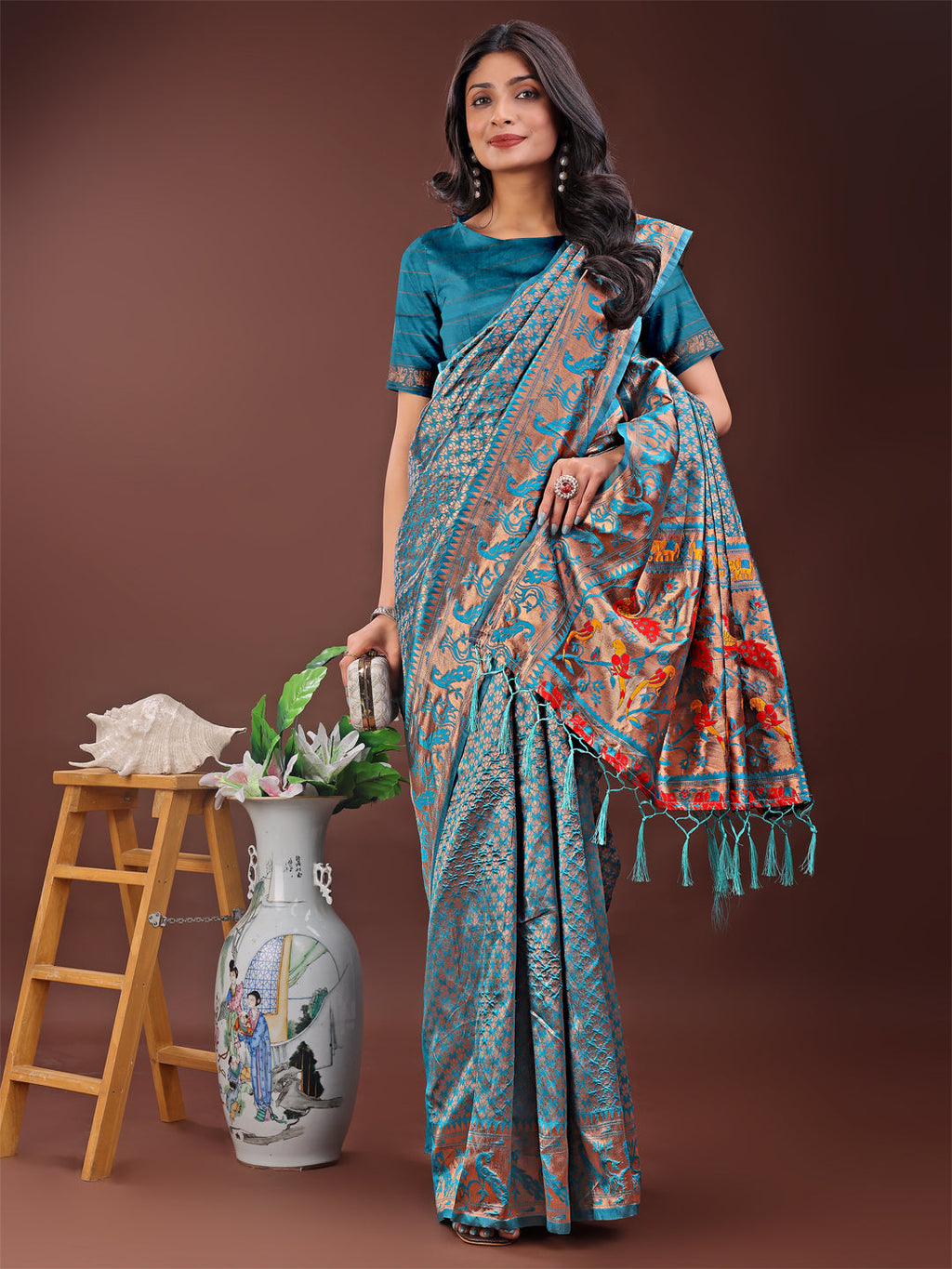 Shree Shyam Fashion Fiery Sea Green Banarasi Silk Saree with Gold Zari and Colorful Pallu - Perfect for Bridal,Wedding & Festive Glamour | Grocsy
