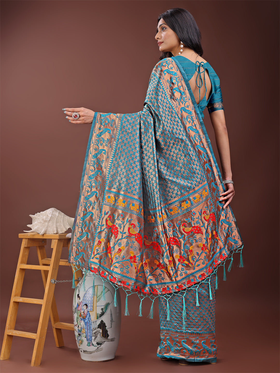 Shree Shyam Fashion Fiery Sea Green Banarasi Silk Saree with Gold Zari and Colorful Pallu - Perfect for Bridal,Wedding & Festive Glamour | Grocsy