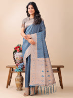 Shree Shyam Fashion Graceful Blue & Beige Lichi Silk Saree with Elegant Woven Pallu - Timeless Beauty for Every Occasion | Grocsy