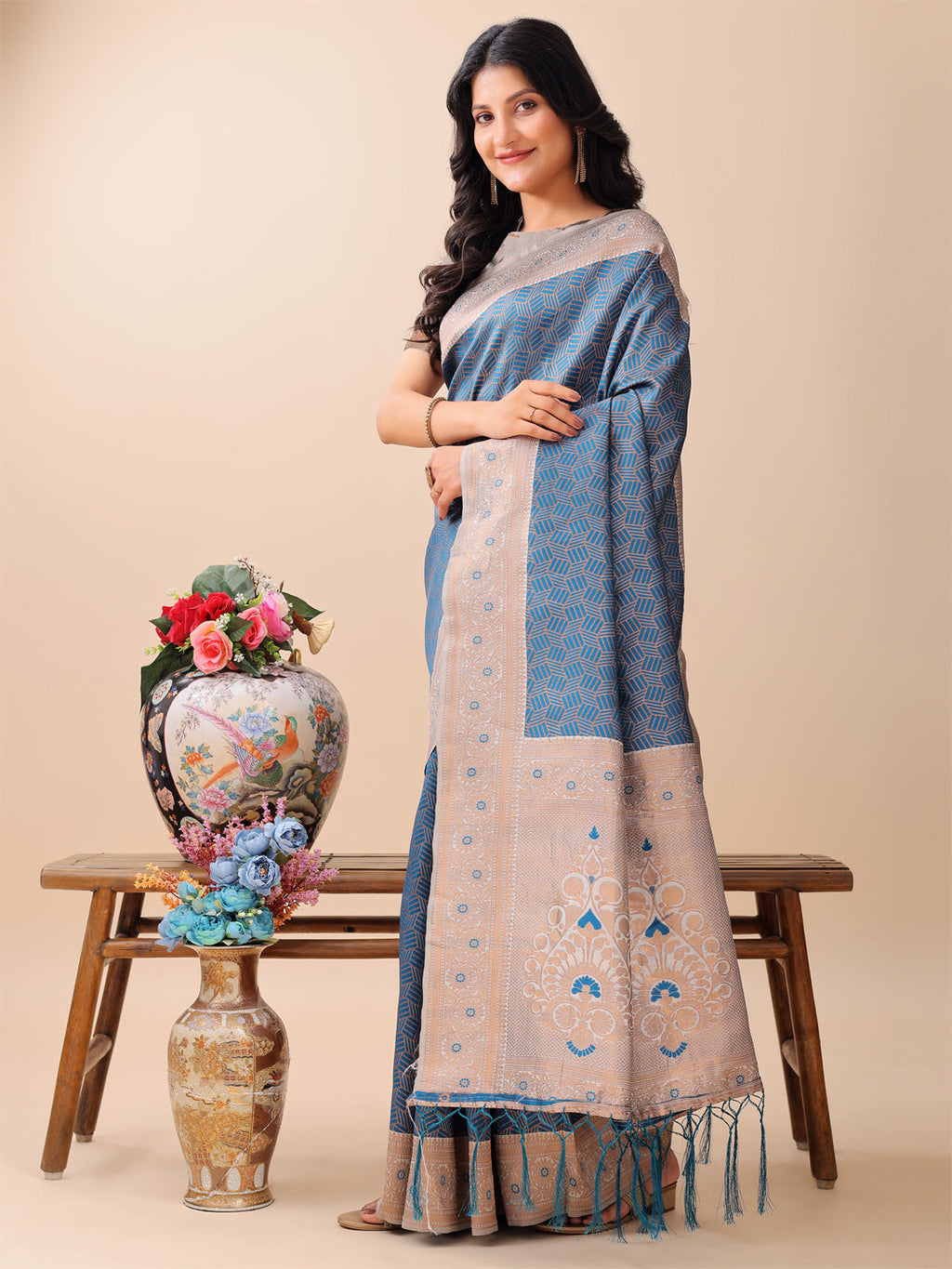 Shree Shyam Fashion Graceful Blue & Beige Lichi Silk Saree with Elegant Woven Pallu - Timeless Beauty for Every Occasion | Grocsy