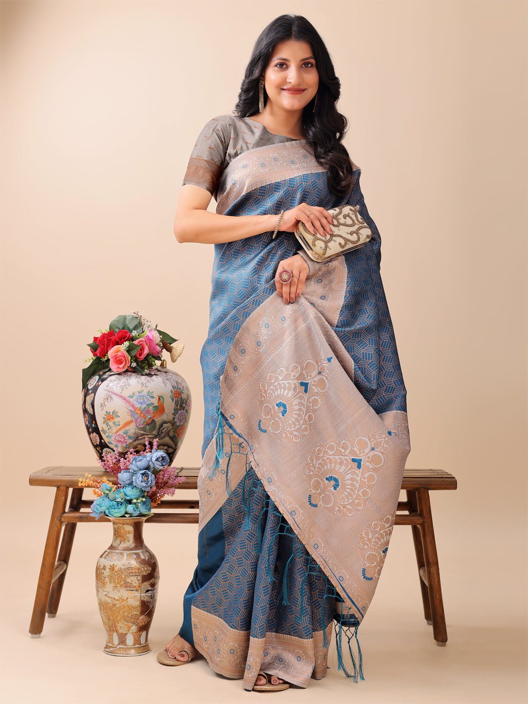 Shree Shyam Fashion Graceful Blue & Beige Lichi Silk Saree with Elegant Woven Pallu - Timeless Beauty for Every Occasion | Grocsy
