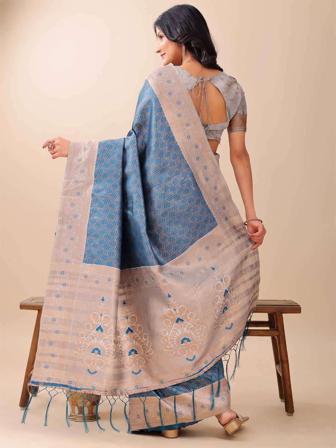 Shree Shyam Fashion Graceful Blue & Beige Lichi Silk Saree with Elegant Woven Pallu - Timeless Beauty for Every Occasion | Grocsy
