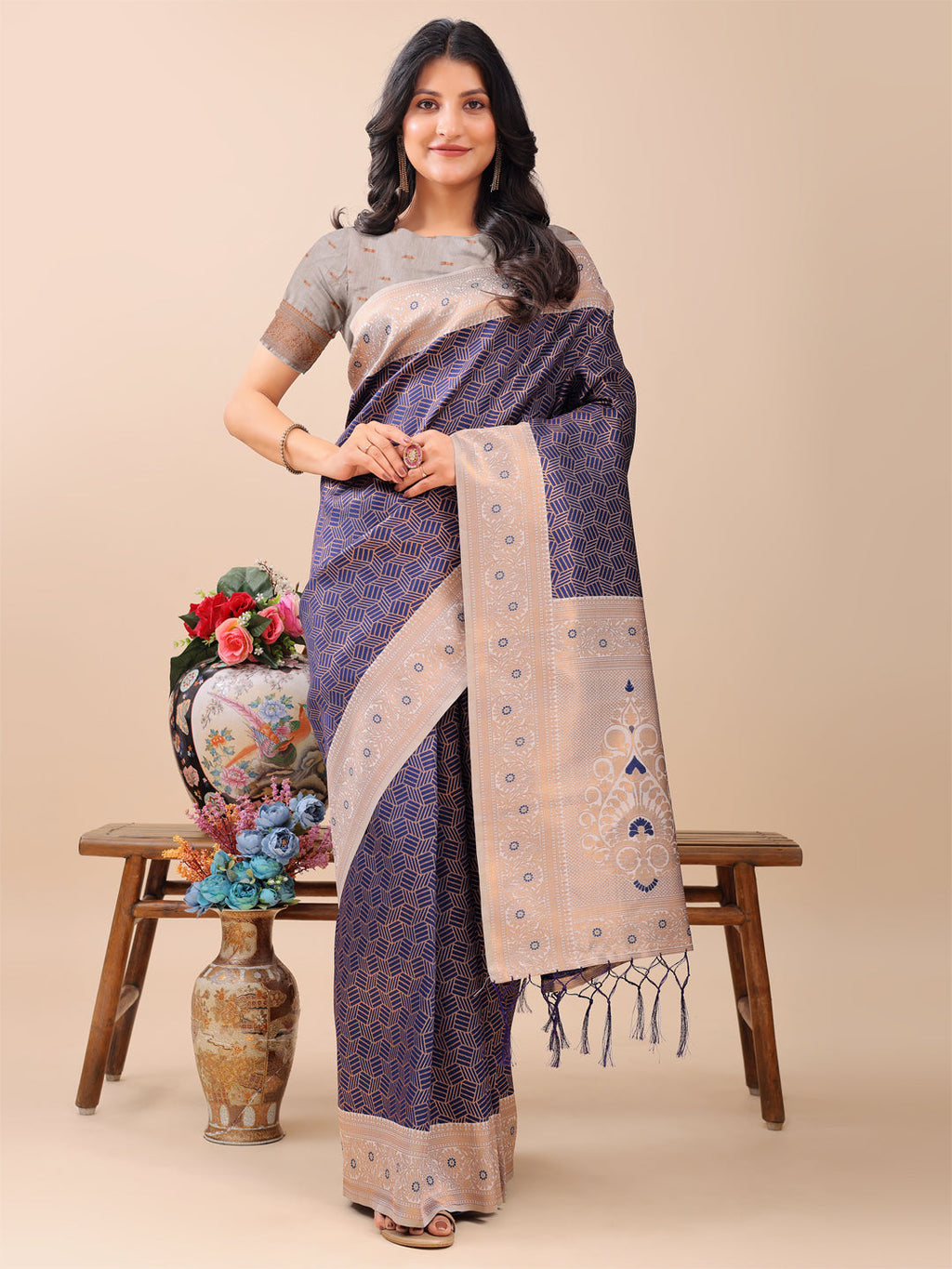 Shree Shyam Fashion Graceful Navy Blue & Beige Lichi Silk Saree with Elegant Woven Pallu - Timeless Beauty for Every Occasion | Grocsy
