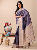 Shree Shyam Fashion Graceful Navy Blue & Beige Lichi Silk Saree with Elegant Woven Pallu - Timeless Beauty for Every Occasion | Grocsy