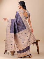 Shree Shyam Fashion Graceful Navy Blue & Beige Lichi Silk Saree with Elegant Woven Pallu - Timeless Beauty for Every Occasion | Grocsy