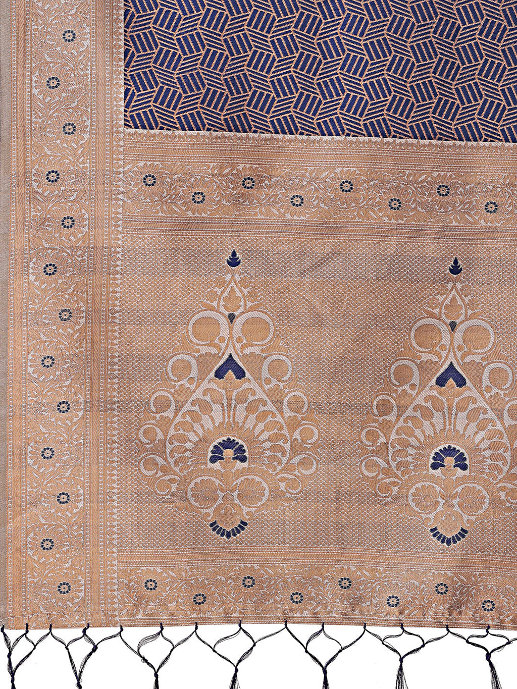 Shree Shyam Fashion Graceful Navy Blue & Beige Lichi Silk Saree with Elegant Woven Pallu - Timeless Beauty for Every Occasion | Grocsy