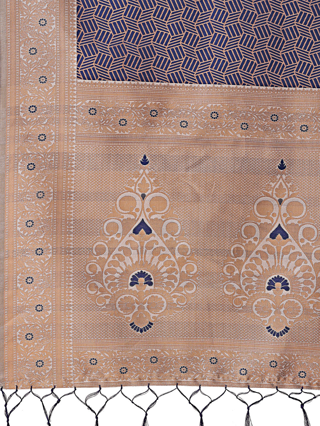 Shree Shyam Fashion Graceful Navy Blue & Beige Lichi Silk Saree with Elegant Woven Pallu - Timeless Beauty for Every Occasion | Grocsy