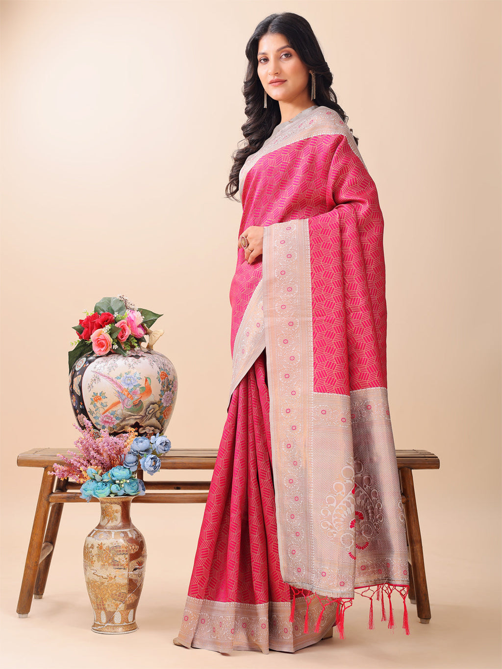 Shree Shyam Fashion Graceful Pink & Beige Lichi Silk Saree with Elegant Woven Pallu - Timeless Beauty for Every Occasion | Grocsy