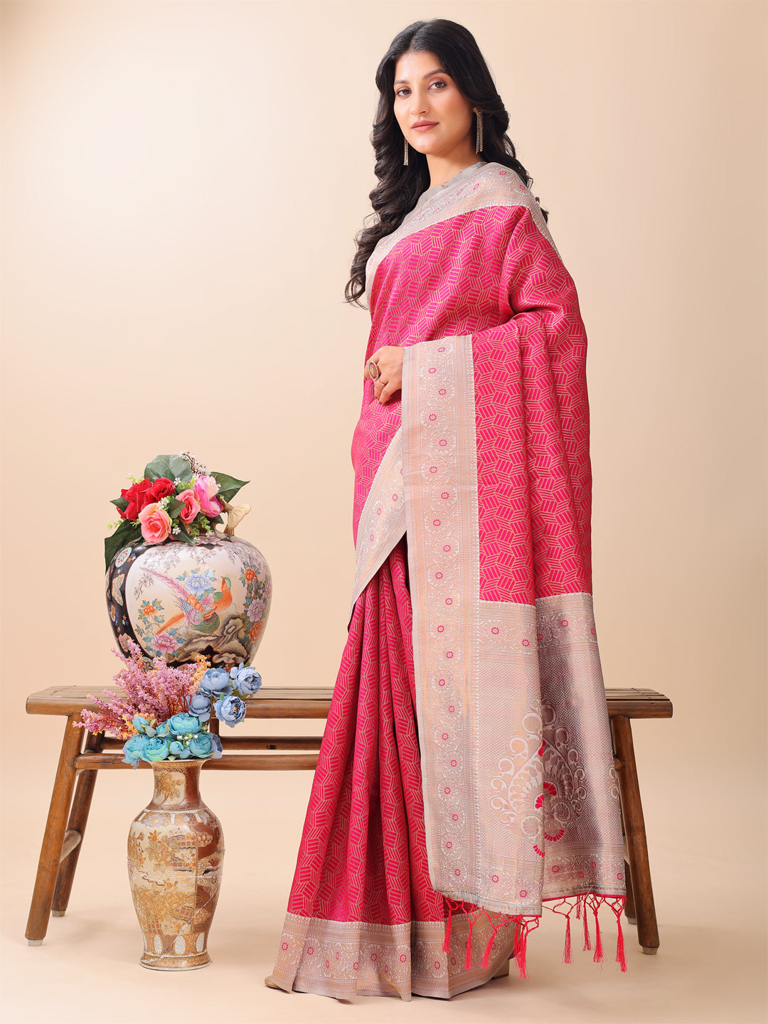 Shree Shyam Fashion Graceful Pink & Beige Lichi Silk Saree with Elegant Woven Pallu - Timeless Beauty for Every Occasion | Grocsy