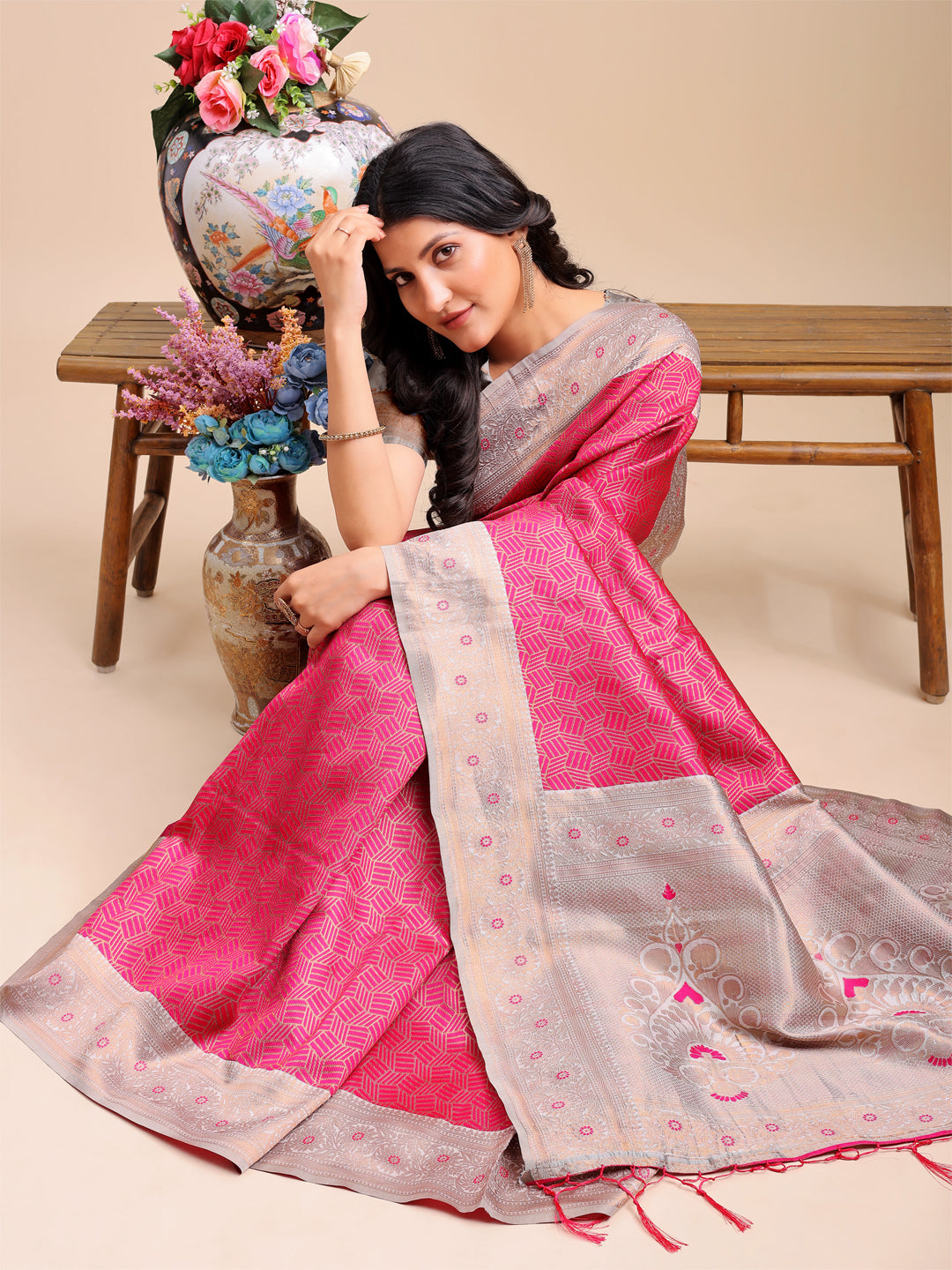Shree Shyam Fashion Graceful Pink & Beige Lichi Silk Saree with Elegant Woven Pallu - Timeless Beauty for Every Occasion | Grocsy