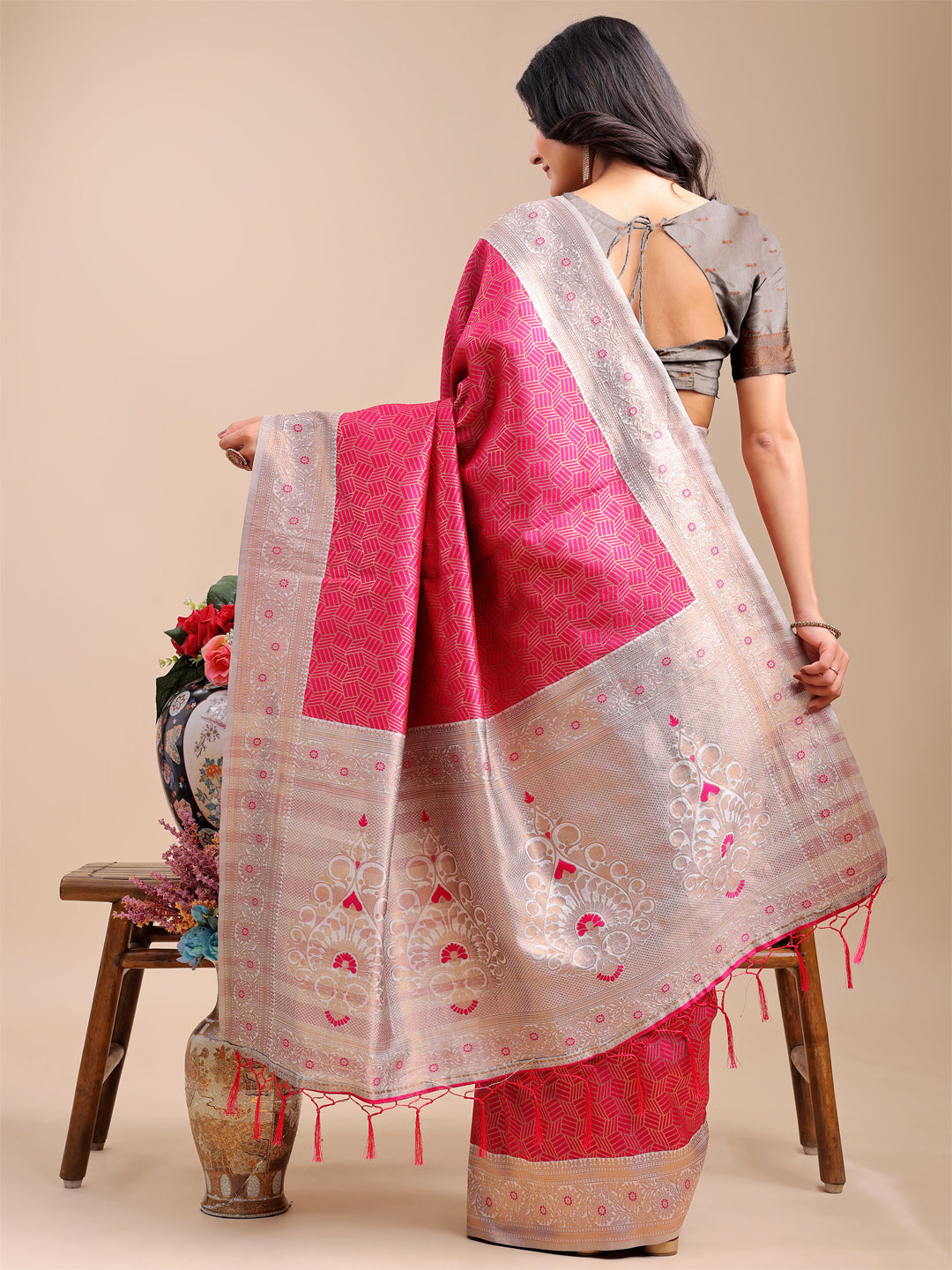 Shree Shyam Fashion Graceful Pink & Beige Lichi Silk Saree with Elegant Woven Pallu - Timeless Beauty for Every Occasion | Grocsy