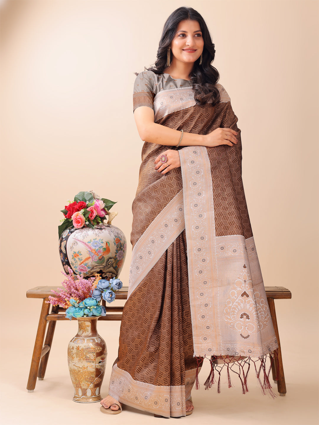 Shree Shyam Fashion Graceful Brown & Beige Lichi Silk Saree with Elegant Woven Pallu - Timeless Beauty for Every Occasion | Grocsy