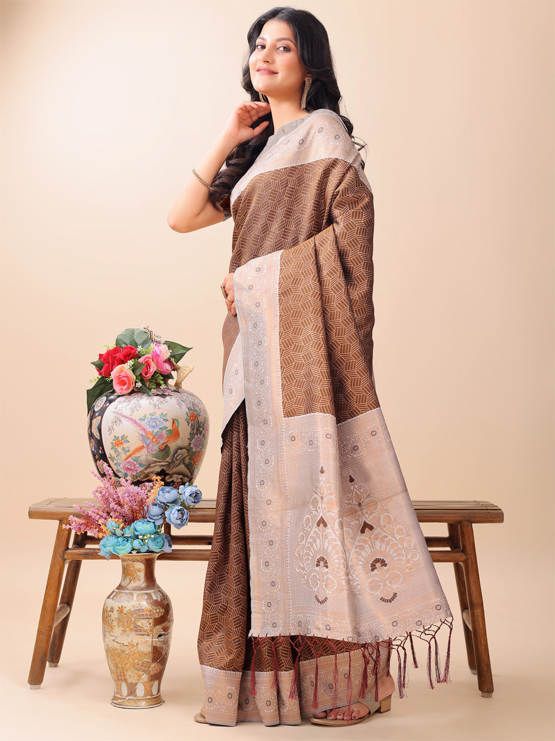Shree Shyam Fashion Graceful Brown & Beige Lichi Silk Saree with Elegant Woven Pallu - Timeless Beauty for Every Occasion | Grocsy