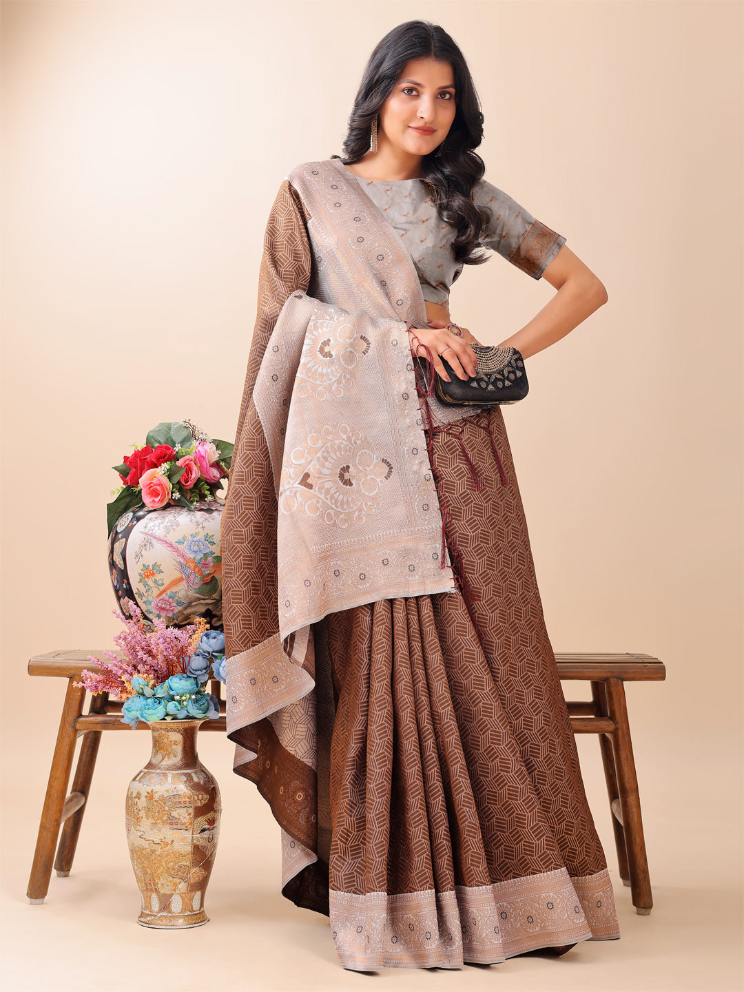 Shree Shyam Fashion Graceful Brown & Beige Lichi Silk Saree with Elegant Woven Pallu - Timeless Beauty for Every Occasion | Grocsy