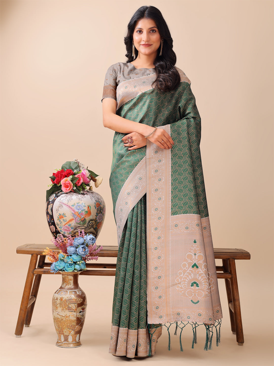 Shree Shyam Fashion Graceful Green & Beige Lichi Silk Saree with Elegant Woven Pallu - Timeless Beauty for Every Occasion | Grocsy